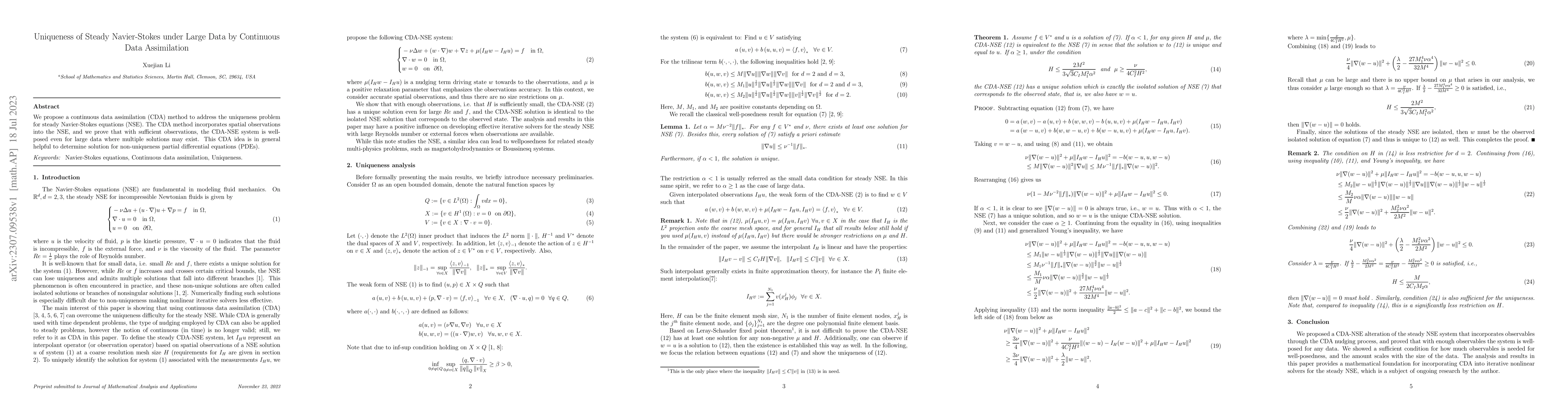 Thumbnail for Uniqueness of Steady Navier-Stokes under Large Data by Continuous Data
  Assimilation