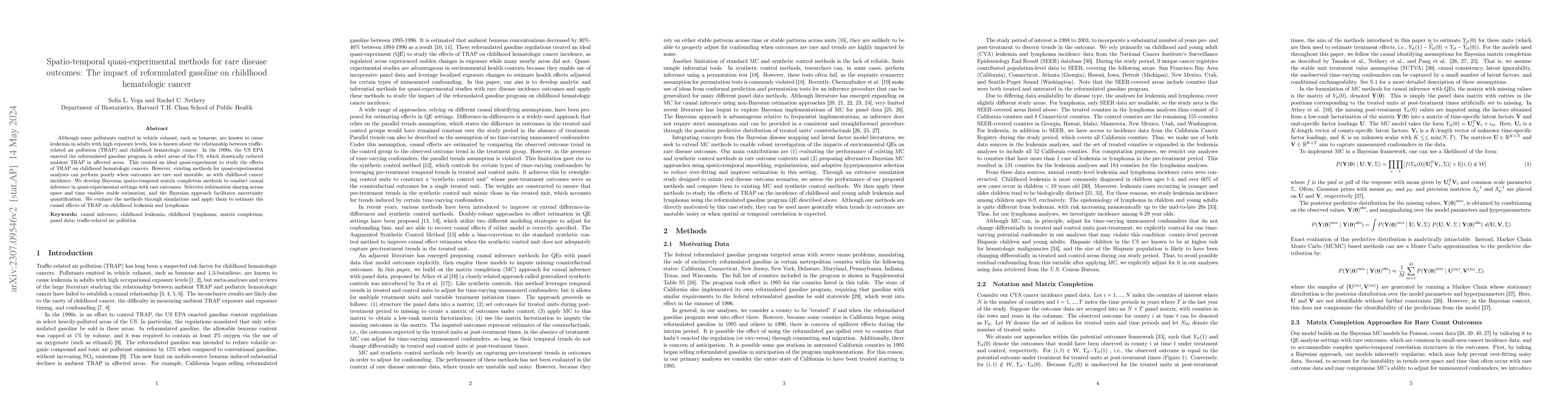 Thumbnail for Spatio-temporal quasi-experimental methods for rare disease outcomes:
  The impact of reformulated gasoline on childhood hematologic cancer