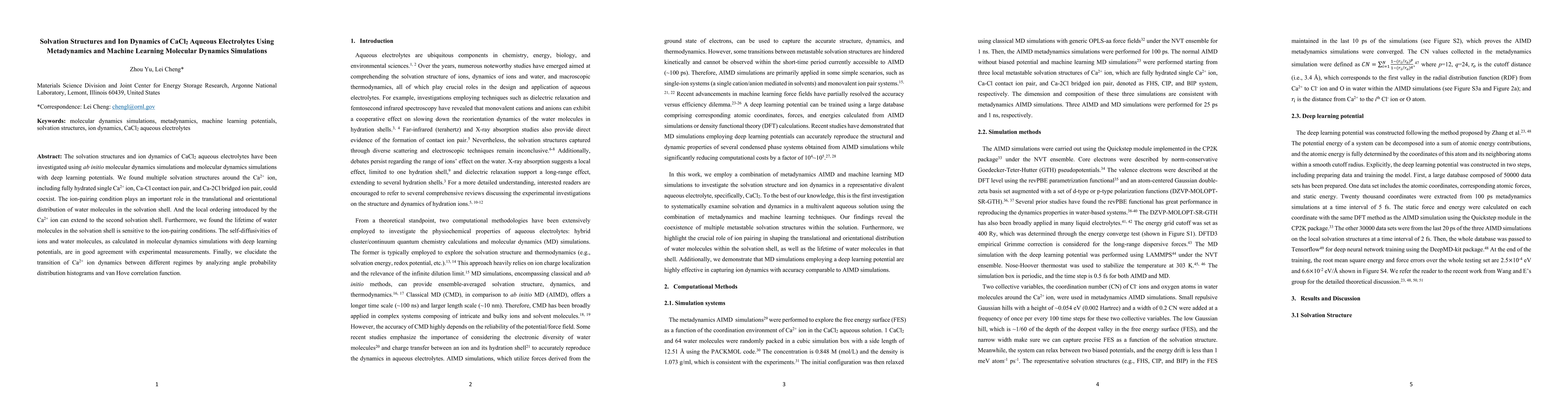 Thumbnail for Solvation Structures and Ion Dynamics of CaCl$_2$ Aqueous Electrolytes
  Using Metadynamics and Machine Learning Molecular Dynamics Simulations