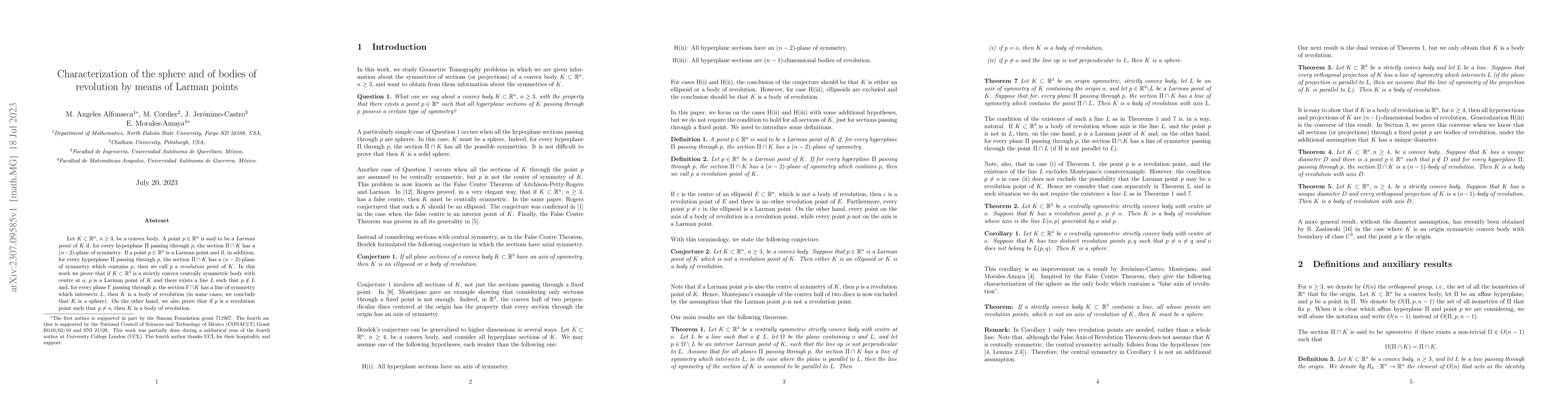 Thumbnail for Characterization of the sphere and of bodies of revolution by means of
  Larman points