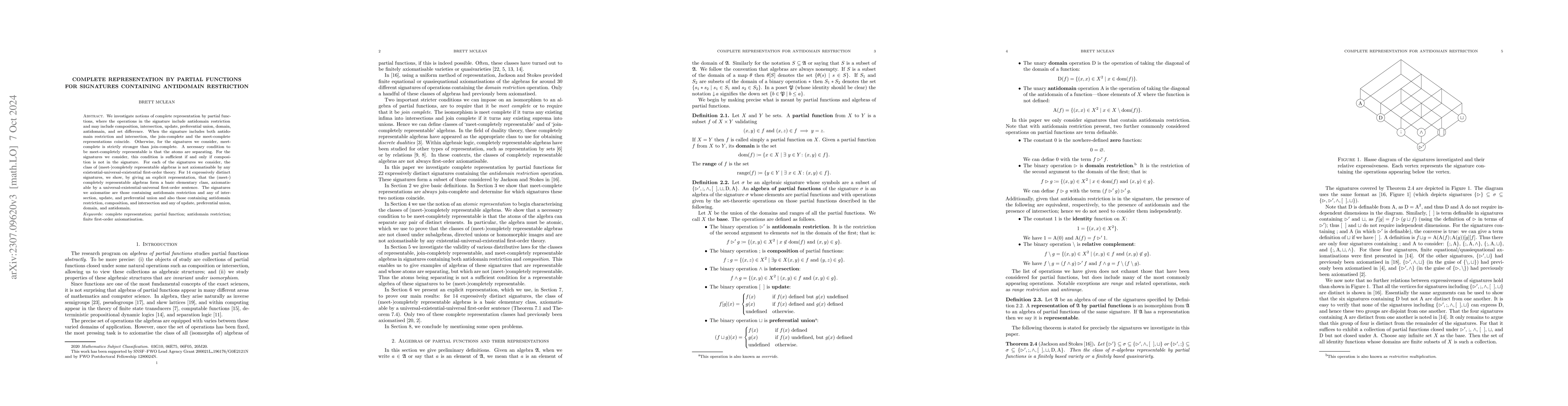 Thumbnail for Complete representation by partial functions for signatures containing
  antidomain restriction