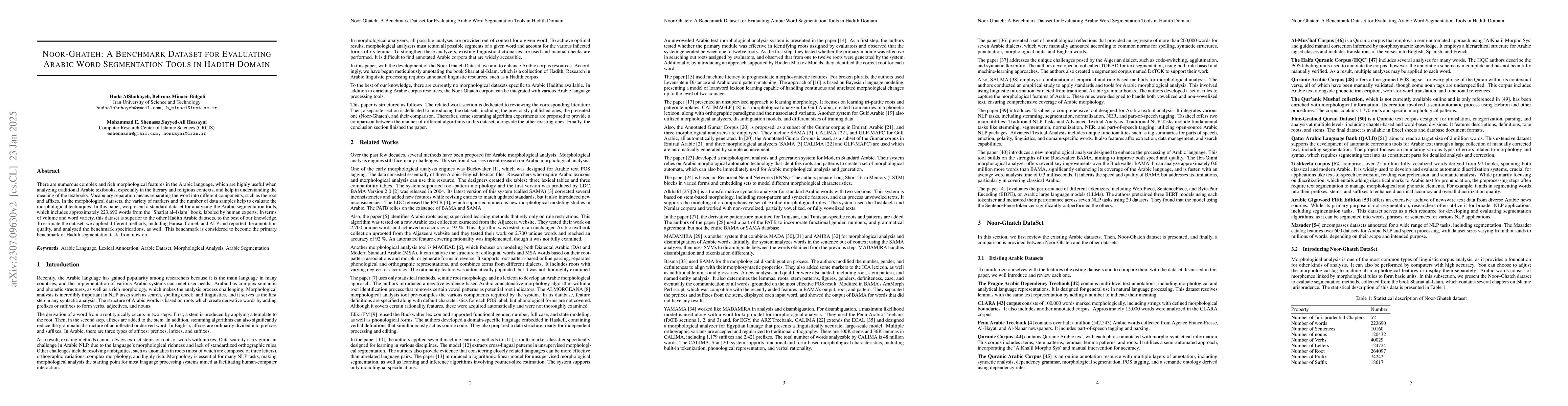 Thumbnail for Noor-Ghateh: A Benchmark Dataset for Evaluating Arabic Word Segmenters
  in Hadith Domain