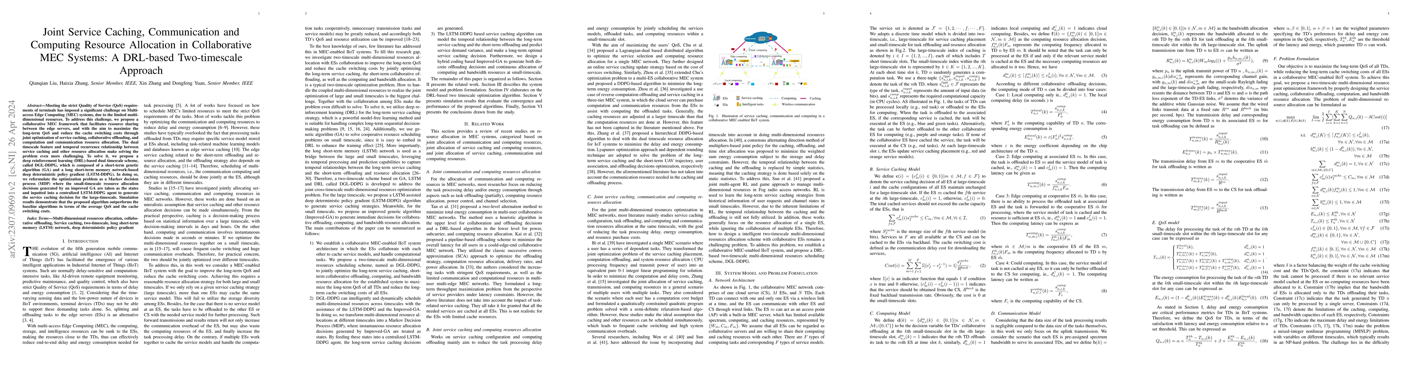 Thumbnail for Joint Service Caching, Communication and Computing Resource Allocation
  in Collaborative MEC Systems: A DRL-based Two-timescale Approach
