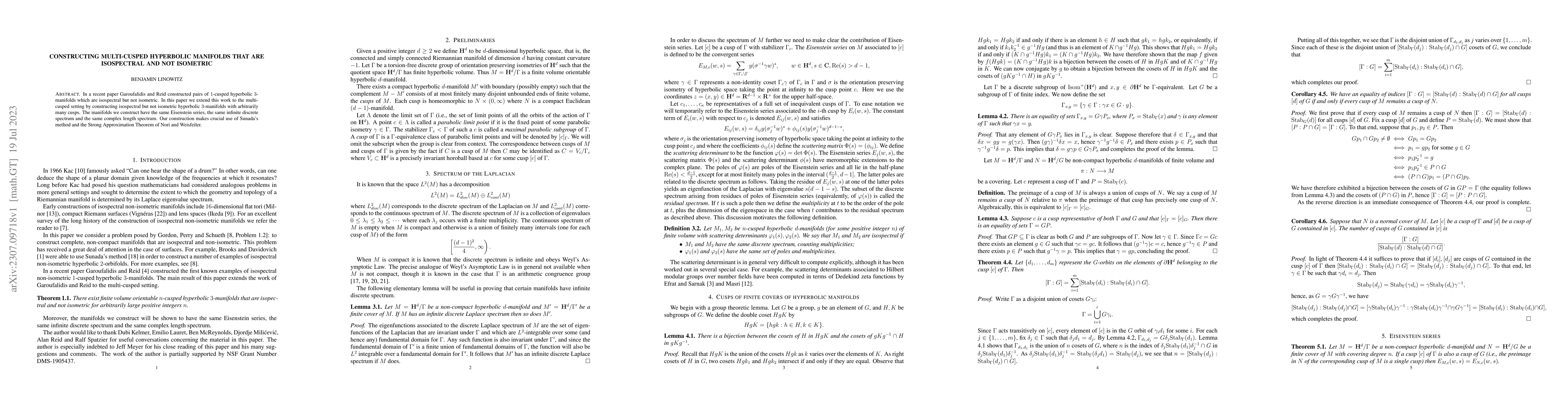 Thumbnail for Constructing multi-cusped hyperbolic manifolds that are isospectral and
  not isometric