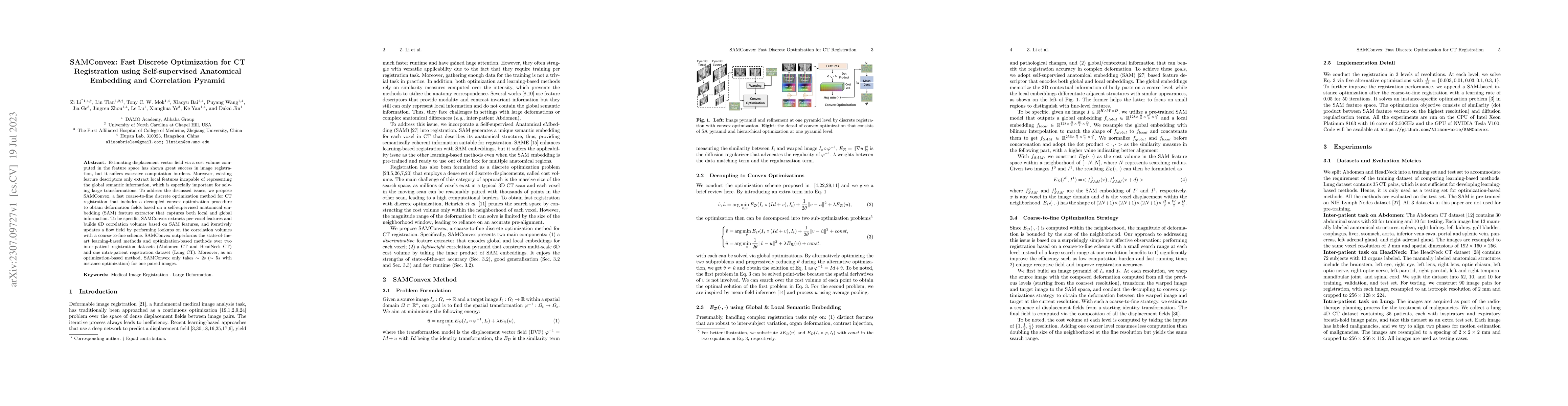 Thumbnail for SAMConvex: Fast Discrete Optimization for CT Registration using
  Self-supervised Anatomical Embedding and Correlation Pyramid