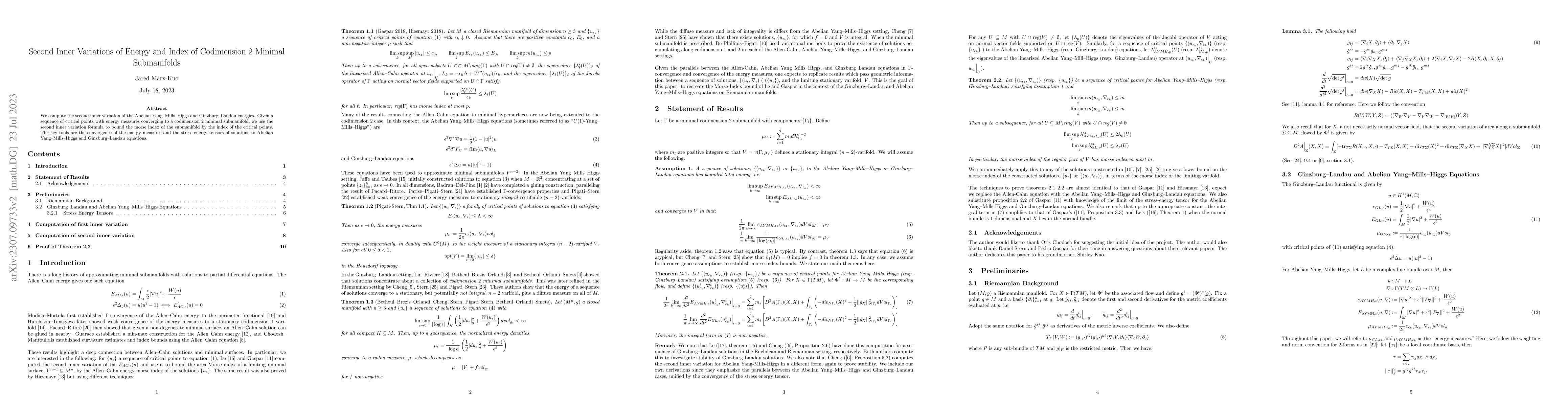 Thumbnail for Second Inner Variations of Energy and Index of Codimension $2$ Minimal
  Submanifolds
