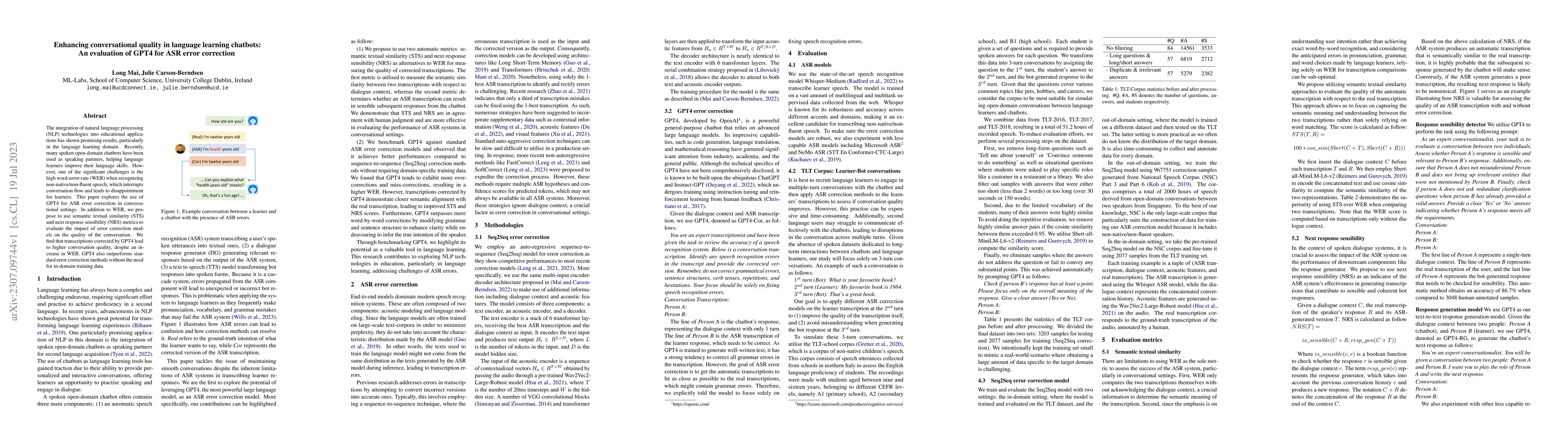 Thumbnail for Enhancing conversational quality in language learning chatbots: An
  evaluation of GPT4 for ASR error correction
