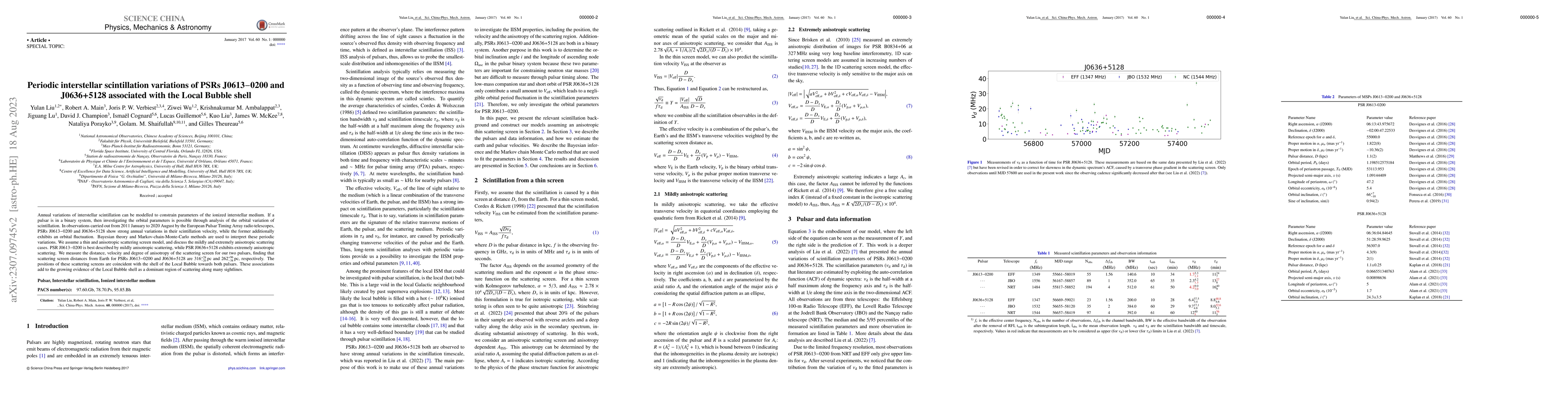 Thumbnail for Periodic interstellar scintillation variations of PSRs~J0613$-$0200 and
  J0636+5128 associated with the Local Bubble shell