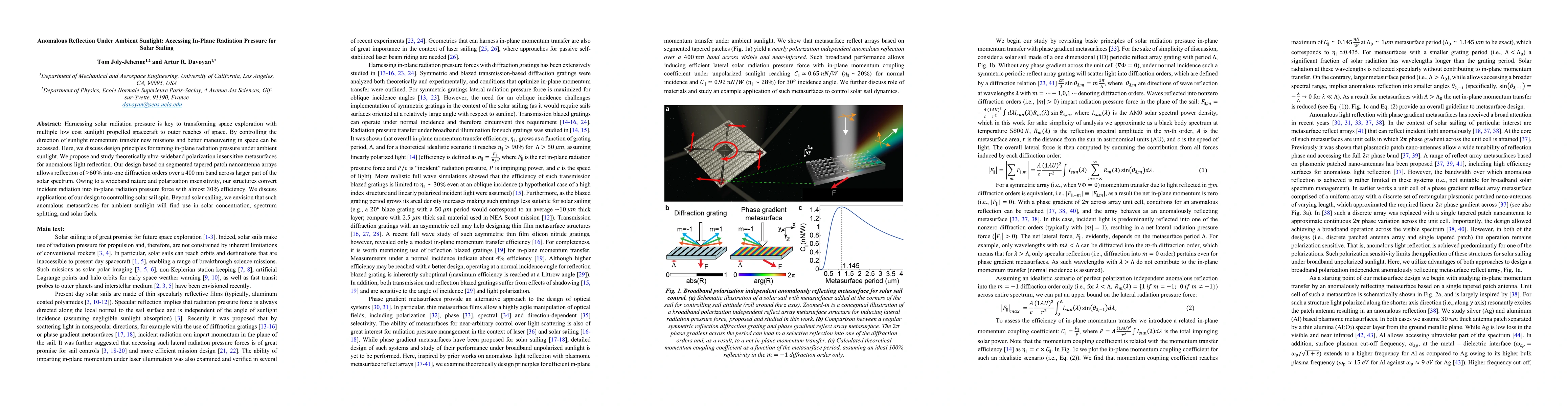 Thumbnail for Anomalous Reflection Under Ambient Sunlight: Accessing In-Plane
  Radiation Pressure for Solar Sailing