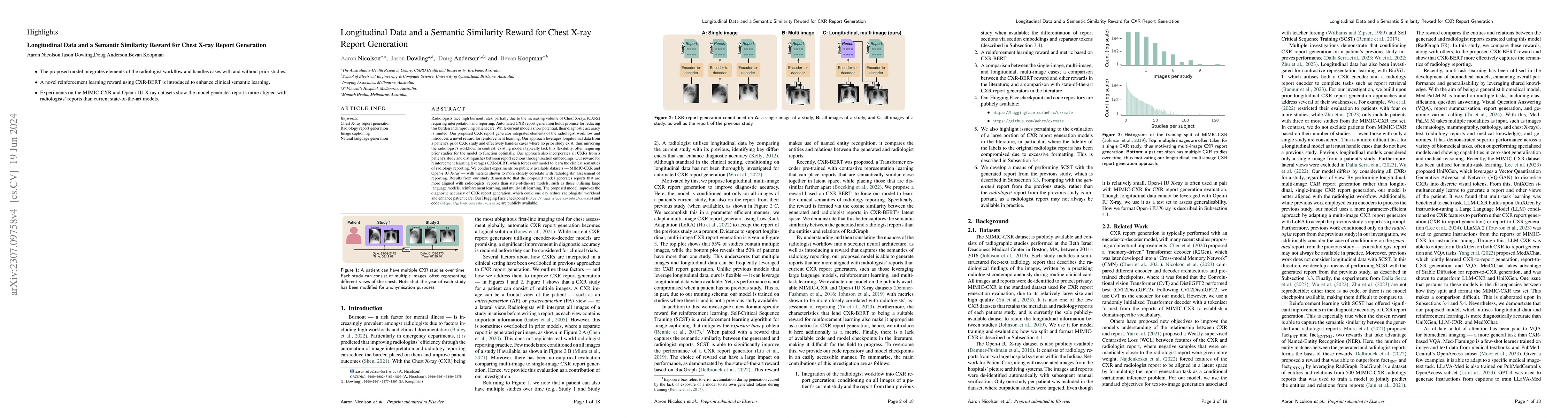 Thumbnail for Longitudinal Data and a Semantic Similarity Reward for Chest X-Ray
  Report Generation