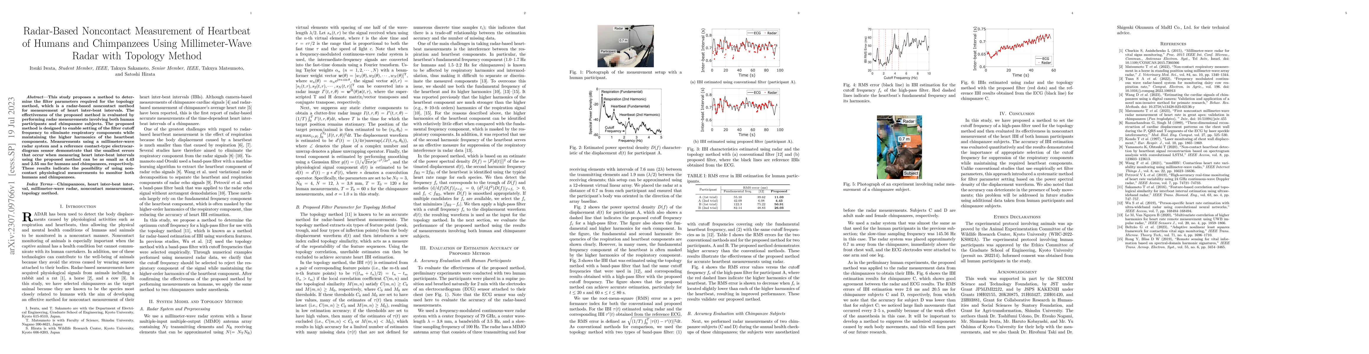 Thumbnail for Radar-Based Noncontact Measurement of Heartbeat of Humans and
  Chimpanzees Using Millimeter-Wave Radar with Topology Method