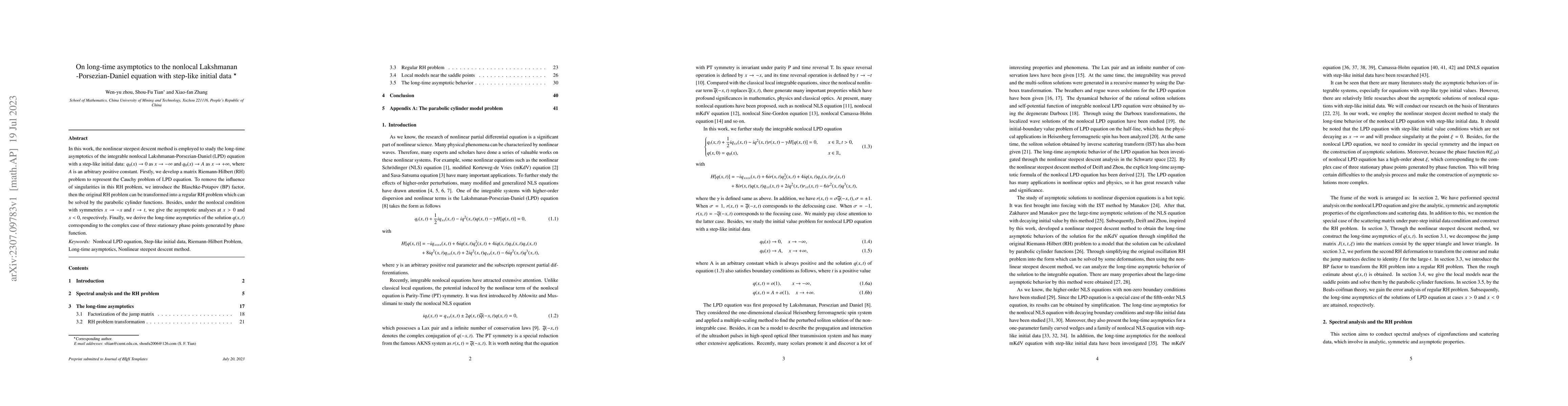 Thumbnail for On long-time asymptotics to the nonlocal Lakshmanan -Porsezian-Daniel
  equation with step-like initial data