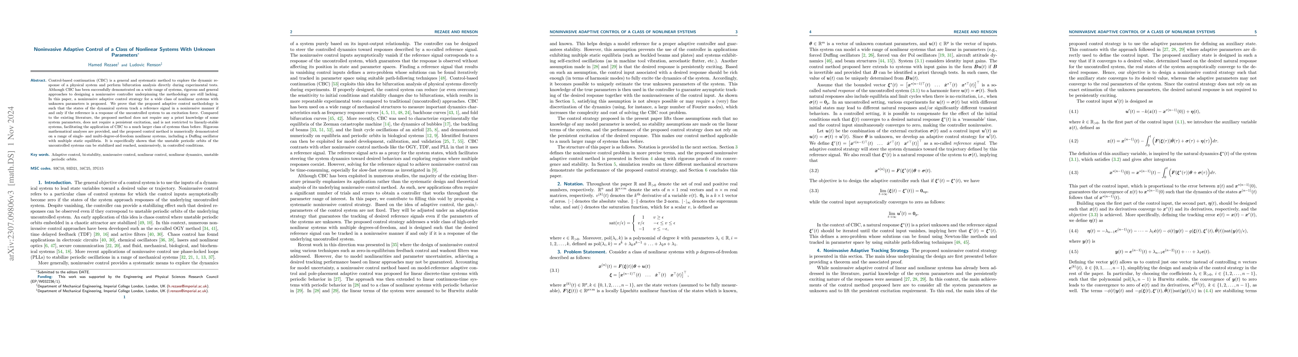 Thumbnail for Noninvasive Adaptive Control of a Class of Nonlinear Systems With
  Unknown Parameters
