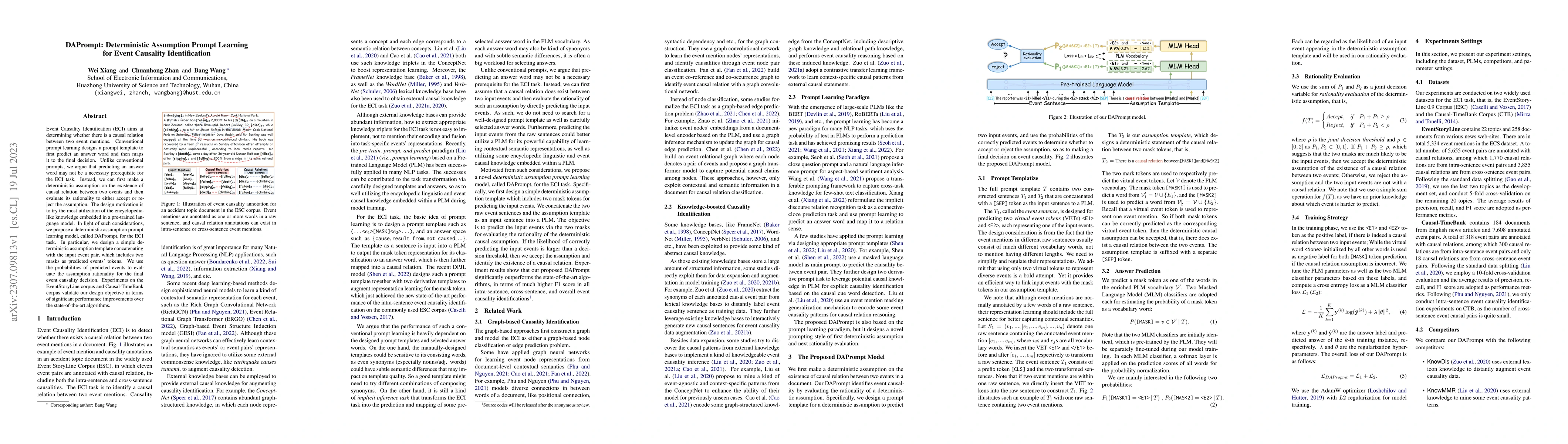 Thumbnail for DAPrompt: Deterministic Assumption Prompt Learning for Event Causality
  Identification