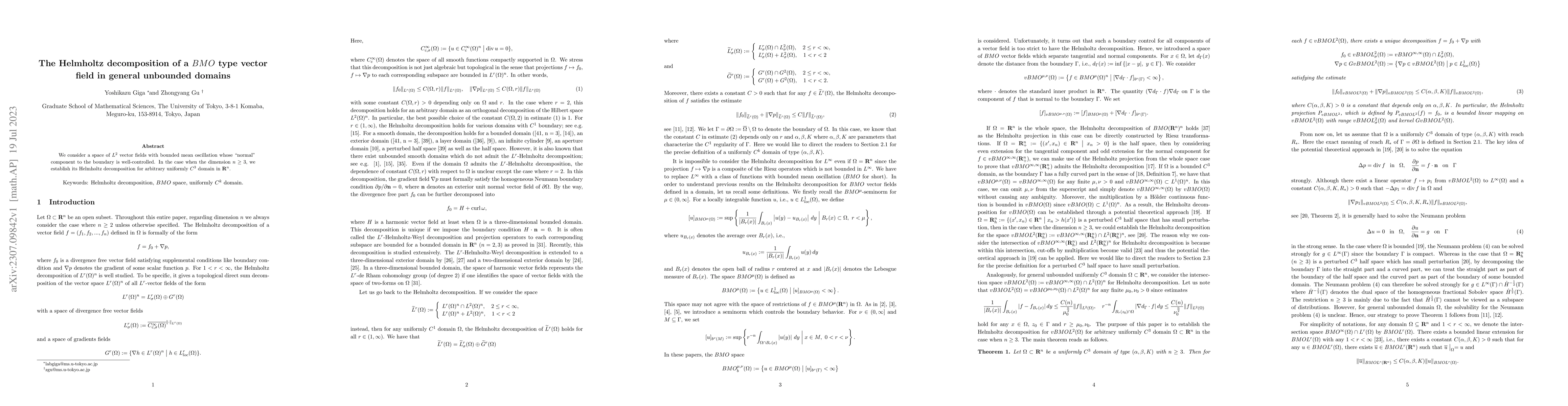 Thumbnail for The Helmholtz decomposition of a $BMO$ type vector field in general
  unbounded domains