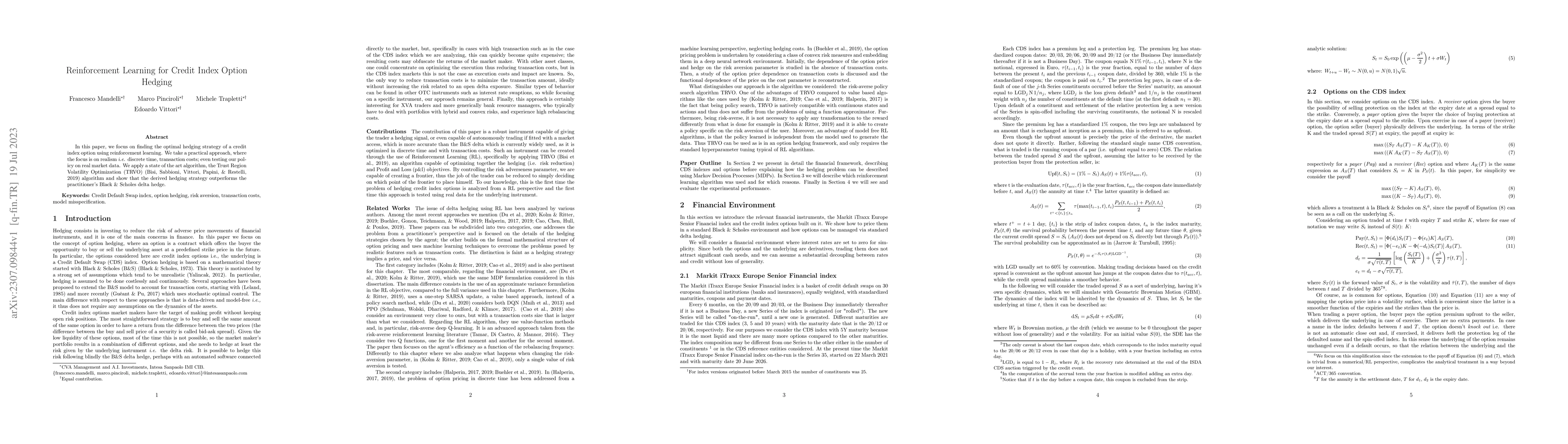 Thumbnail for Reinforcement Learning for Credit Index Option Hedging