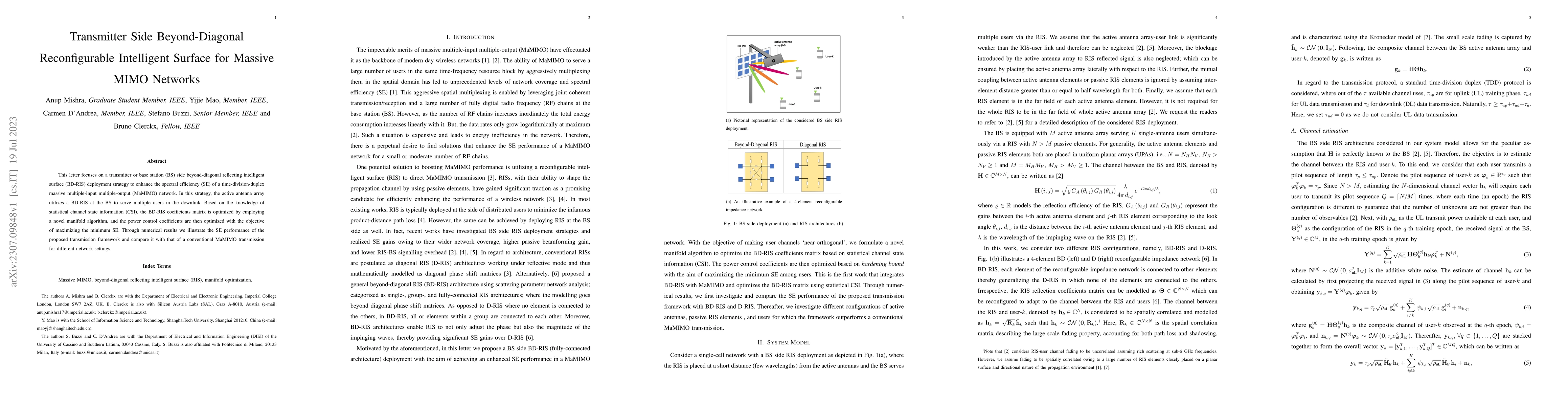 Thumbnail for Transmitter Side Beyond-Diagonal Reconfigurable Intelligent Surface for
  Massive MIMO Networks