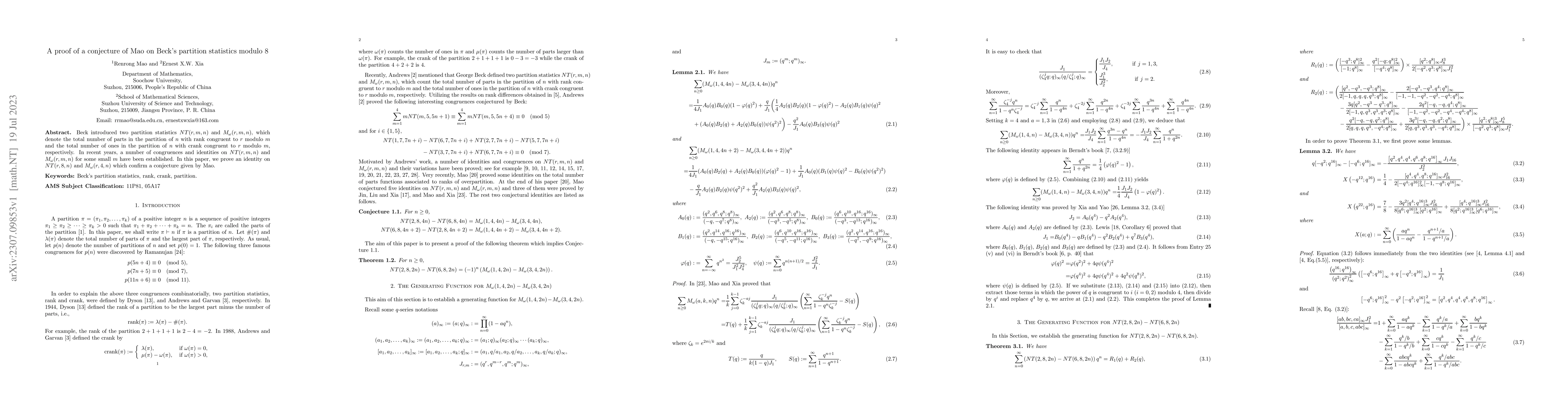 Thumbnail for A proof of a conjecture of Mao on Beck's partition statistics modulo 8