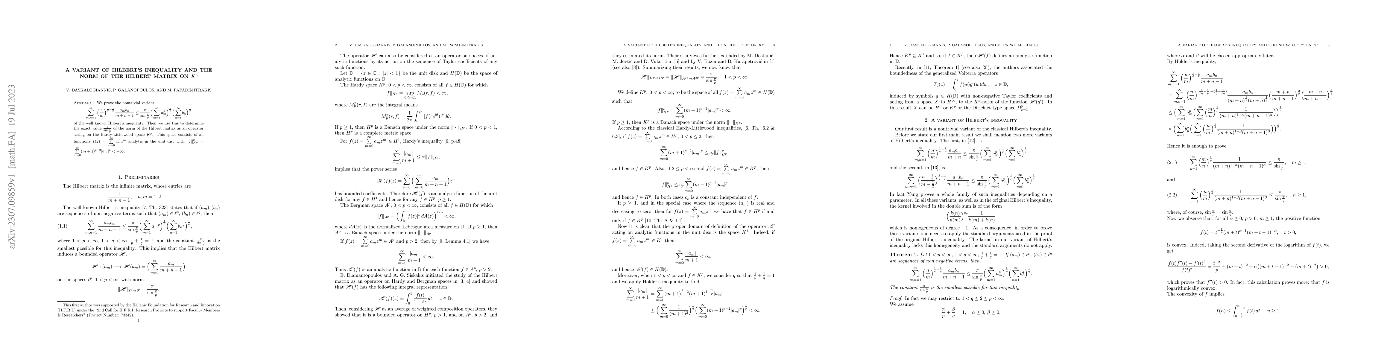 Thumbnail for A variant of Hilbert's inequality and the norm of the Hilbert Matrix on
  $K^p$