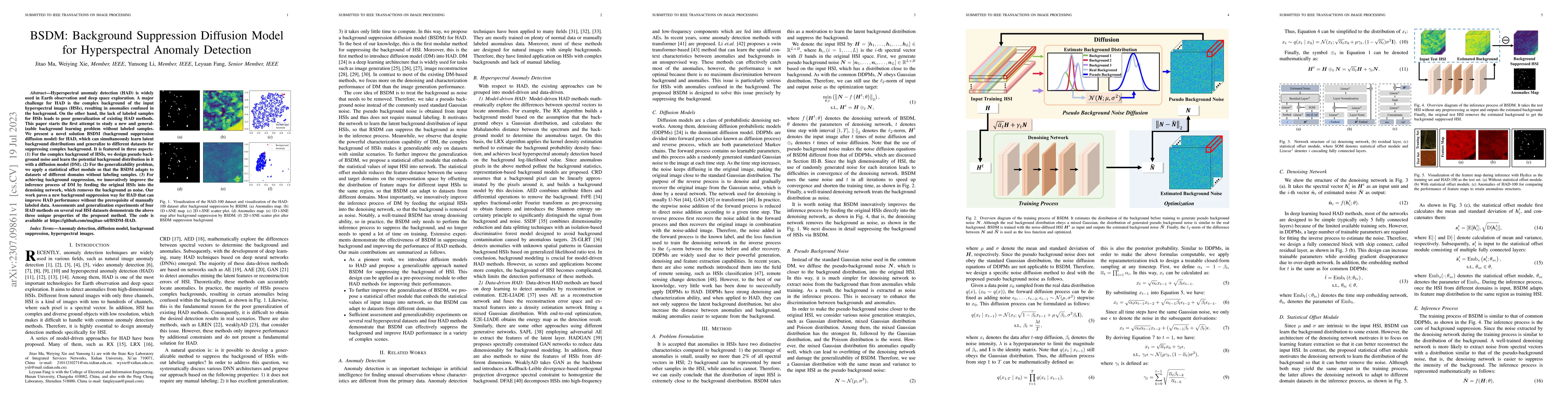 Thumbnail for BSDM: Background Suppression Diffusion Model for Hyperspectral Anomaly
  Detection
