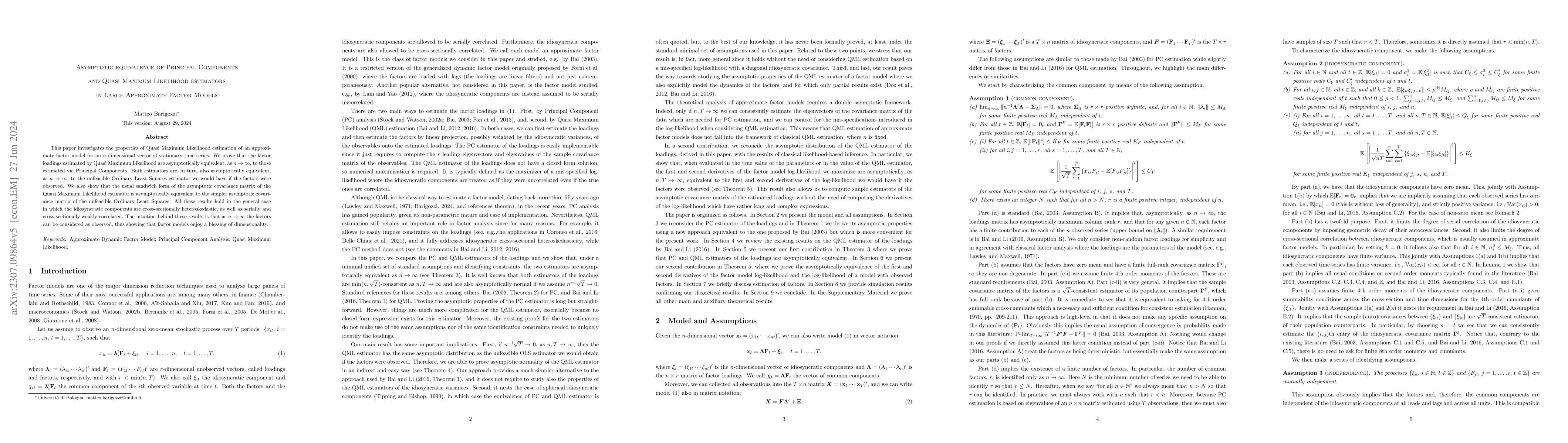 Thumbnail for Asymptotic equivalence of Principal Components and Quasi Maximum
  Likelihood estimators in Large Approximate Factor Models