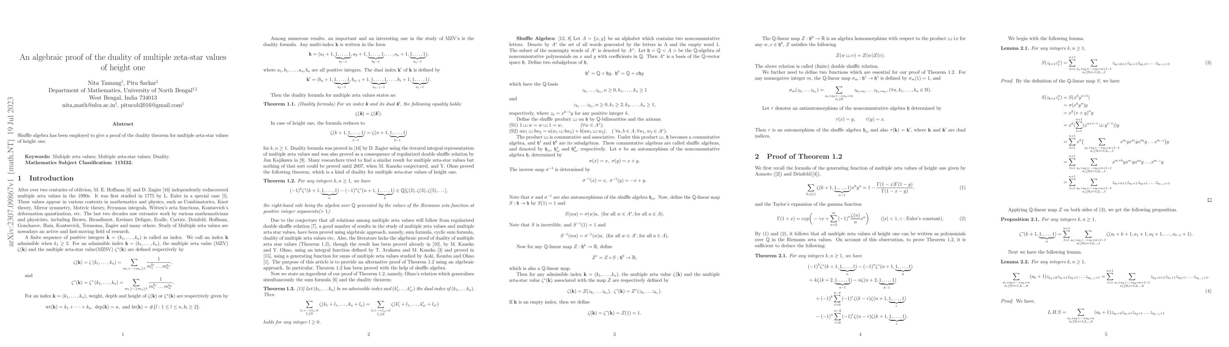 Thumbnail for An algebraic proof of the duality of multiple zeta-star values of height
  one