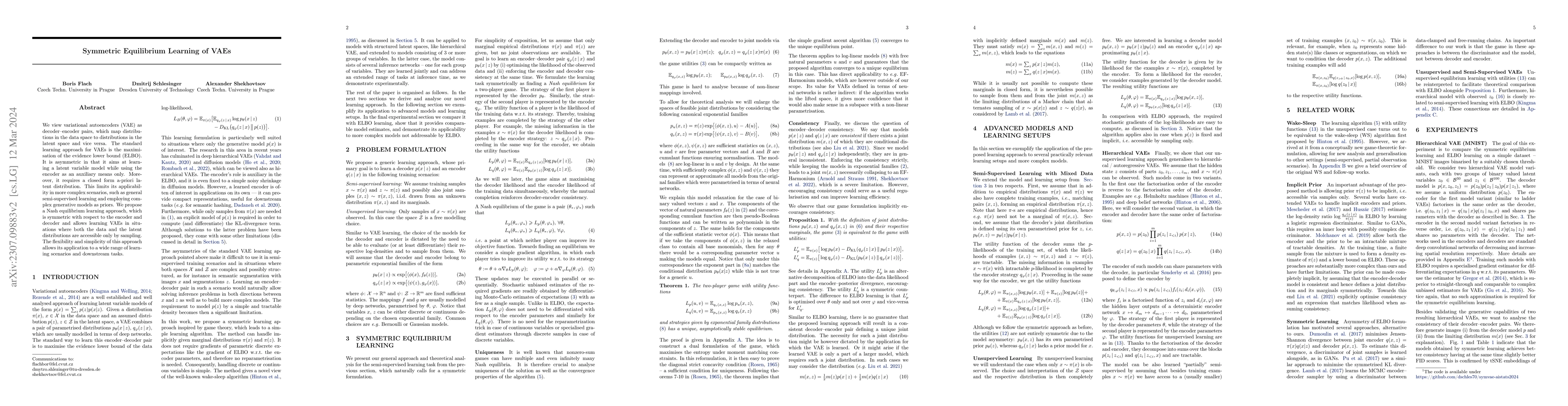 Thumbnail for Symmetric Equilibrium Learning of VAEs