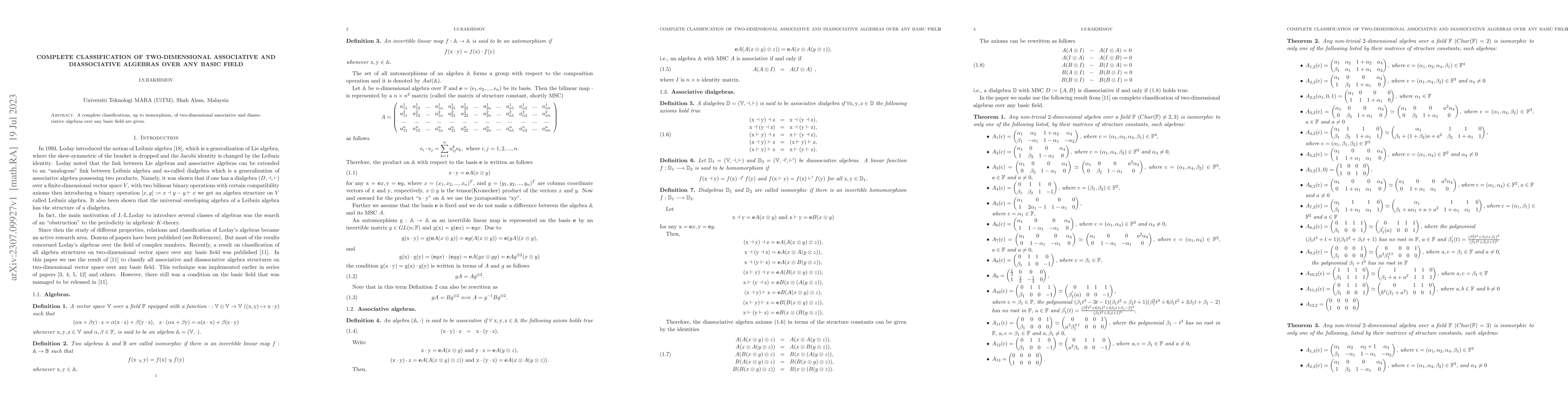 Thumbnail for Complete classification of two-dimensional associative and diassociative
  algebras over any basic field