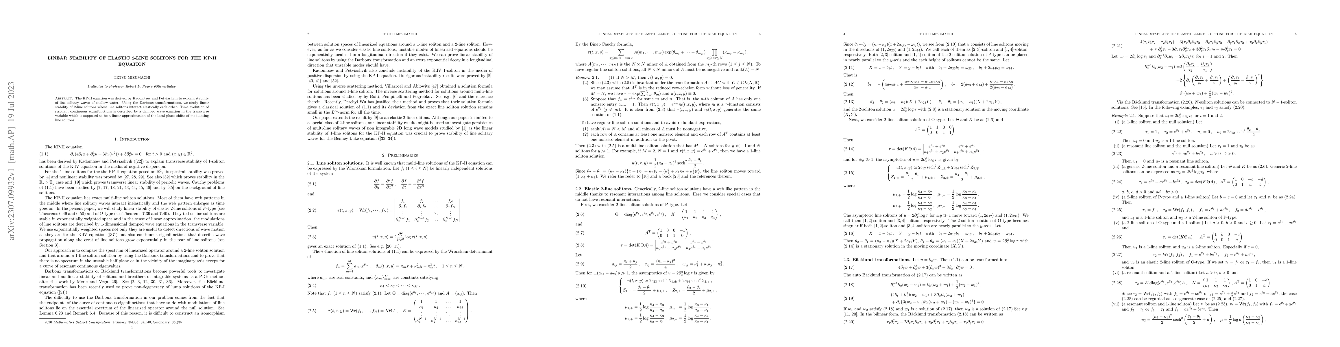 Thumbnail for Linear stability of elastic 2-line solitons for the KP-II equation