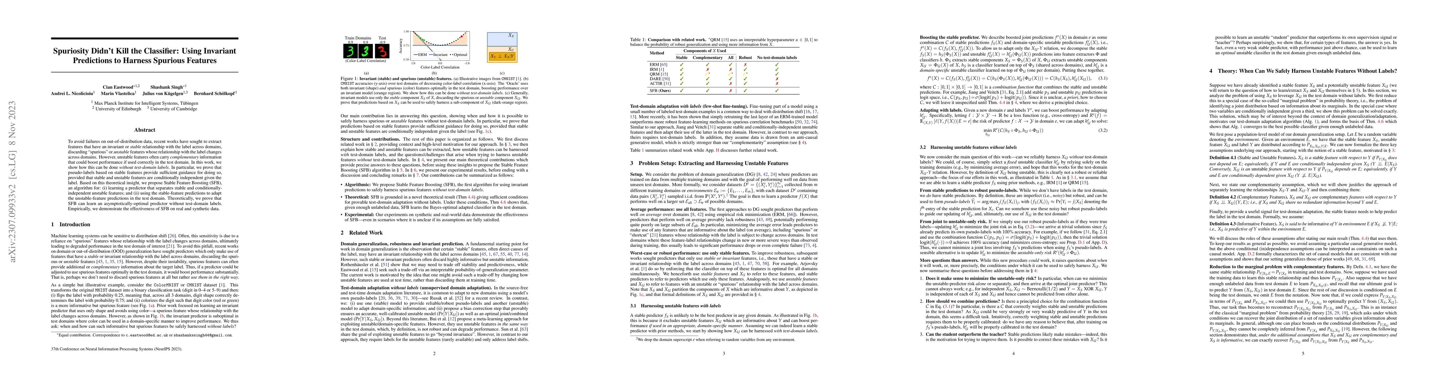Thumbnail for Spuriosity Didn't Kill the Classifier: Using Invariant Predictions to
  Harness Spurious Features