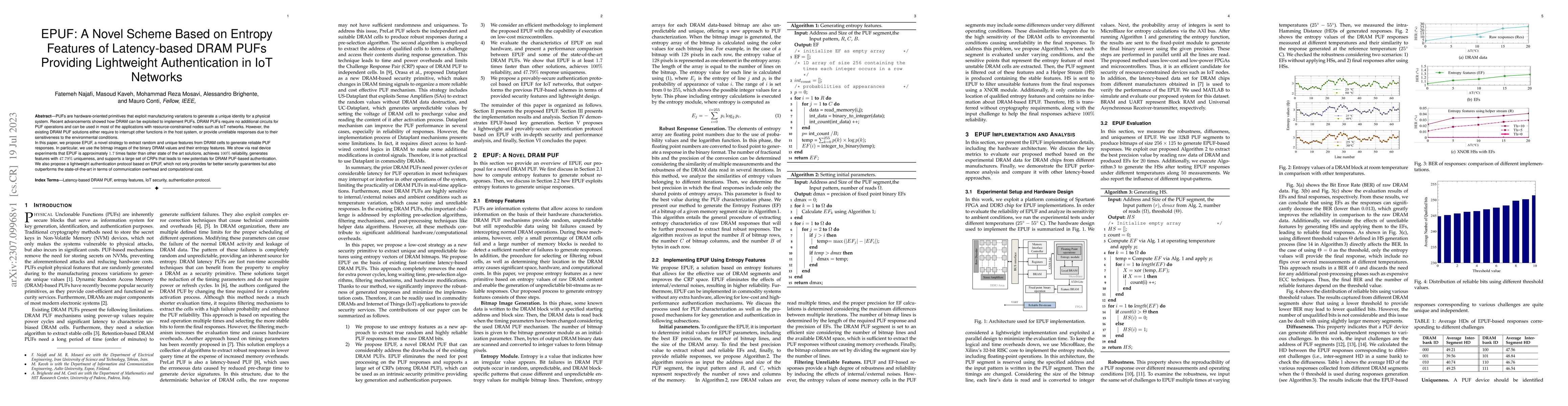 Thumbnail for EPUF: A Novel Scheme Based on Entropy Features of Latency-based DRAM
  PUFs Providing Lightweight Authentication in IoT Networks