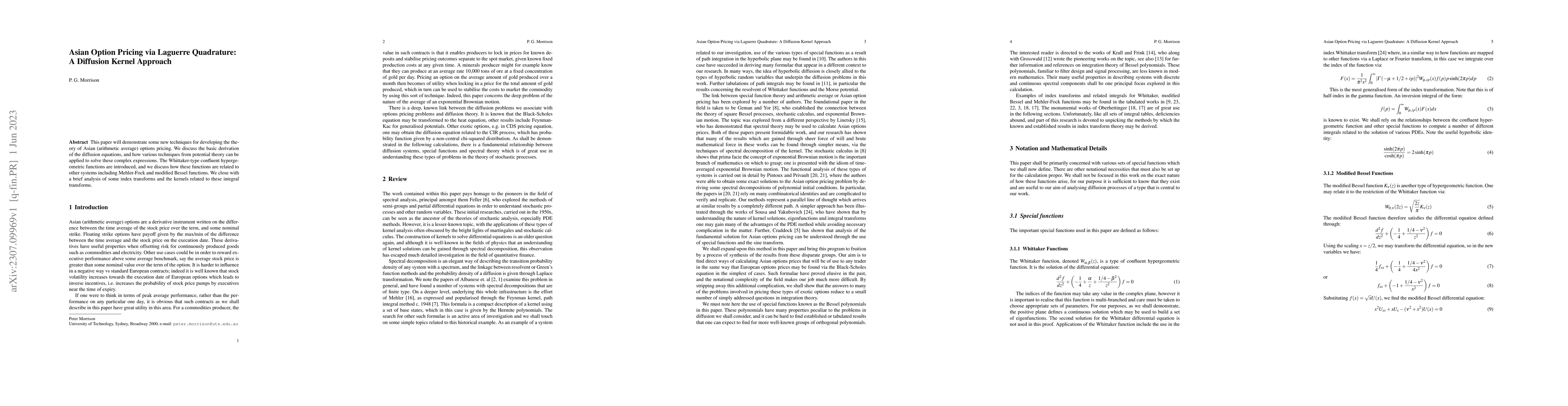 Thumbnail for Asian Option Pricing via Laguerre Quadrature: A Diffusion Kernel
  Approach
