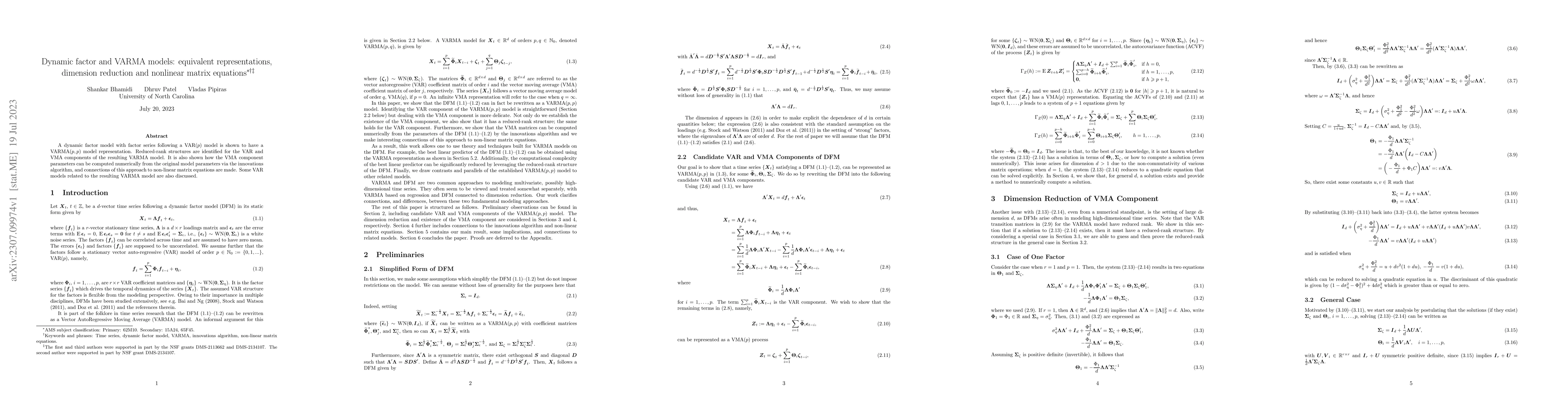 Thumbnail for Dynamic factor and VARMA models: equivalent representations, dimension
  reduction and nonlinear matrix equations