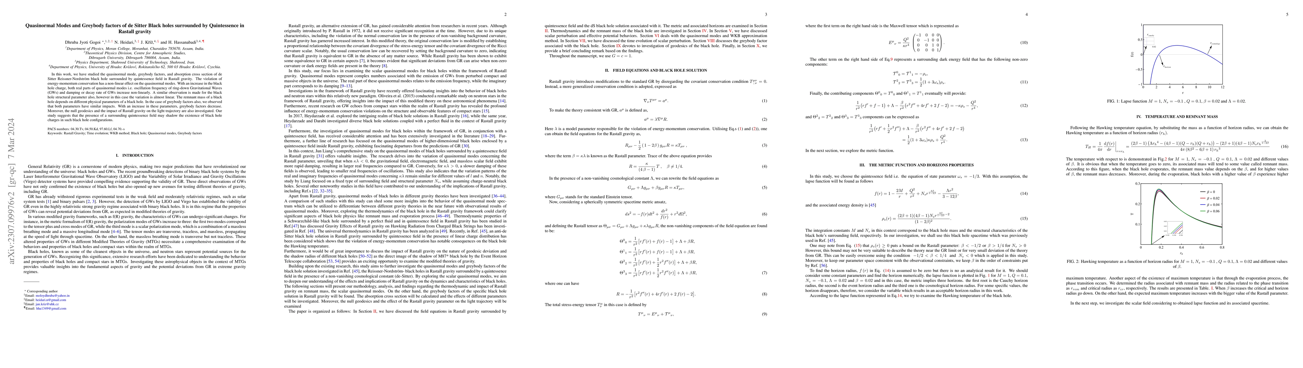 Thumbnail for Quasinormal Modes and Greybody factors of de Sitter Black holes
  surrounded by Quintessence in Rastall gravity