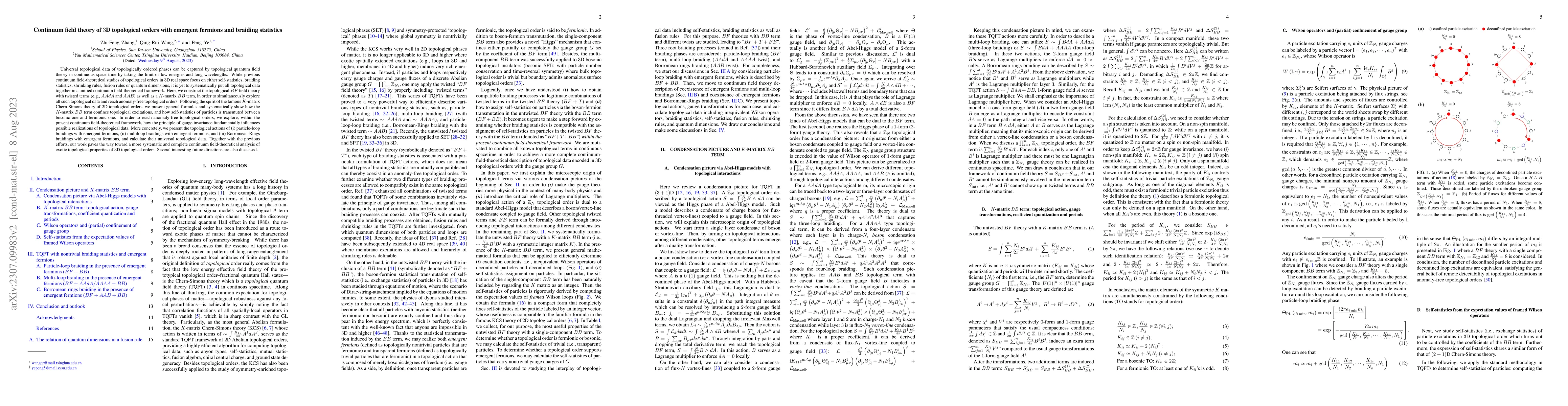 Thumbnail for Continuum field theory of 3D topological orders with emergent fermions
  and braiding statistics