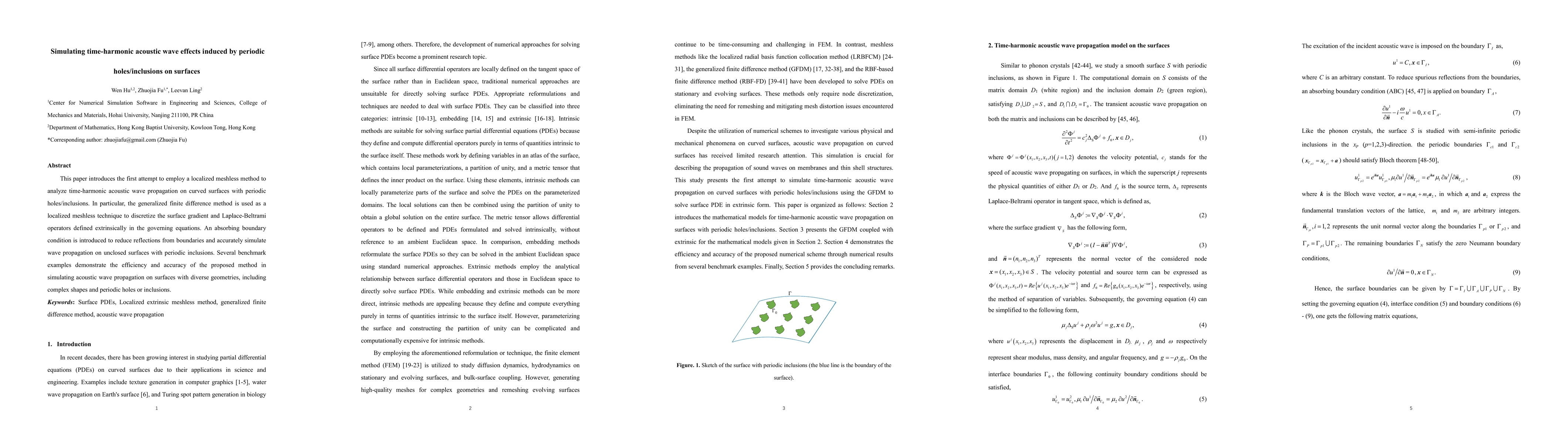 Thumbnail for Simulating time-harmonic acoustic wave effects induced by periodic
  holes/inclusions on surfaces