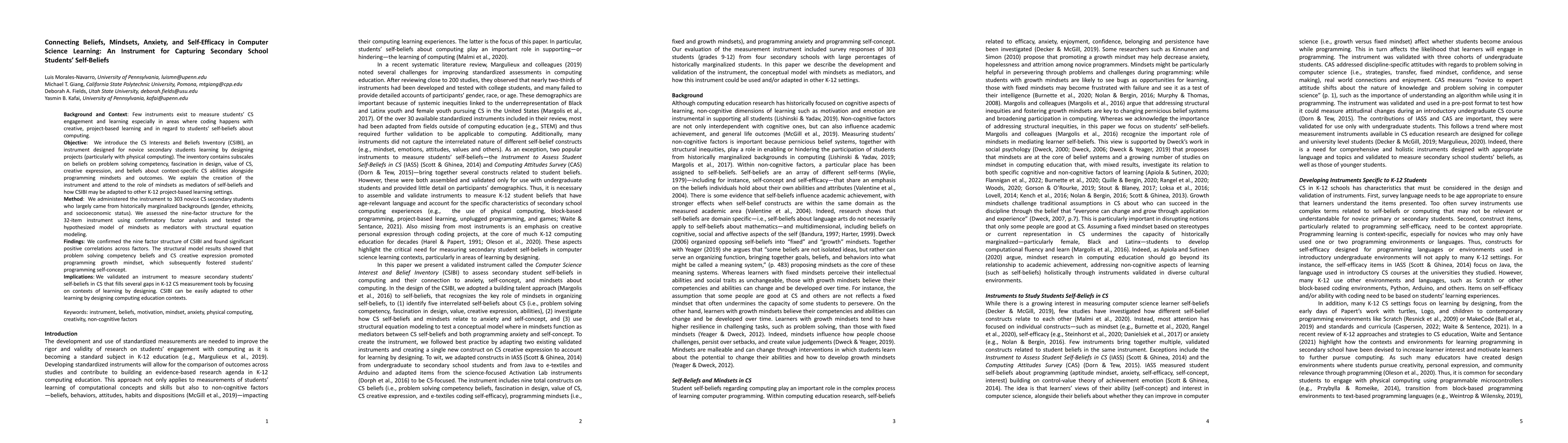 Thumbnail for Connecting Beliefs, Mindsets, Anxiety, and Self-Efficacy in Computer
  Science Learning: An Instrument for Capturing Secondary School Students'
  Self-Beliefs
