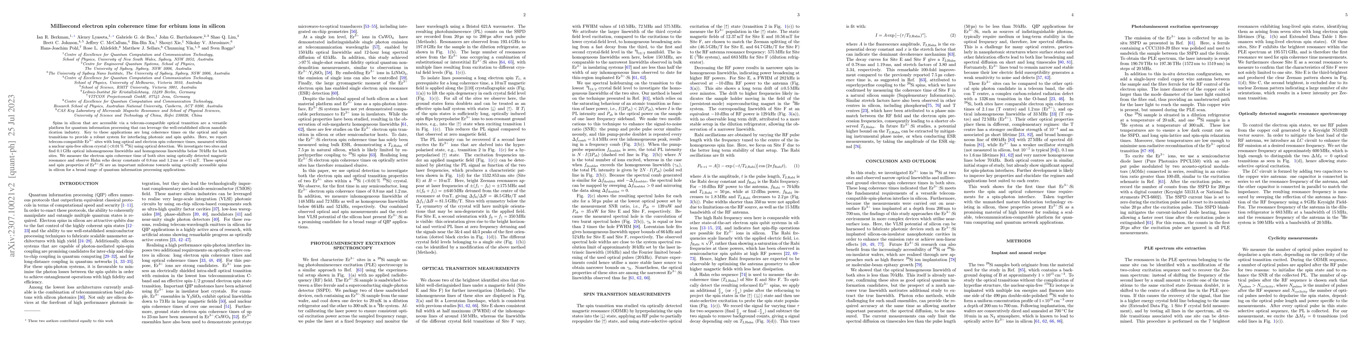 Thumbnail for Millisecond electron spin coherence time for erbium ions in silicon