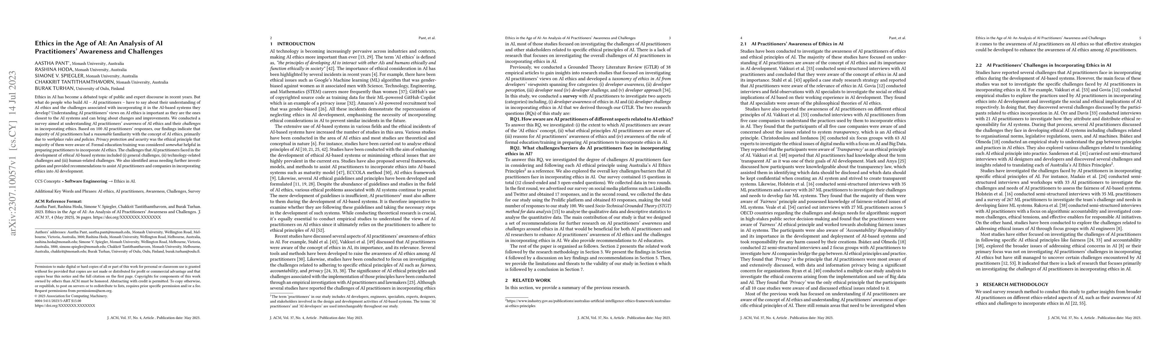 Thumbnail for Ethics in the Age of AI: An Analysis of AI Practitioners' Awareness and
  Challenges
