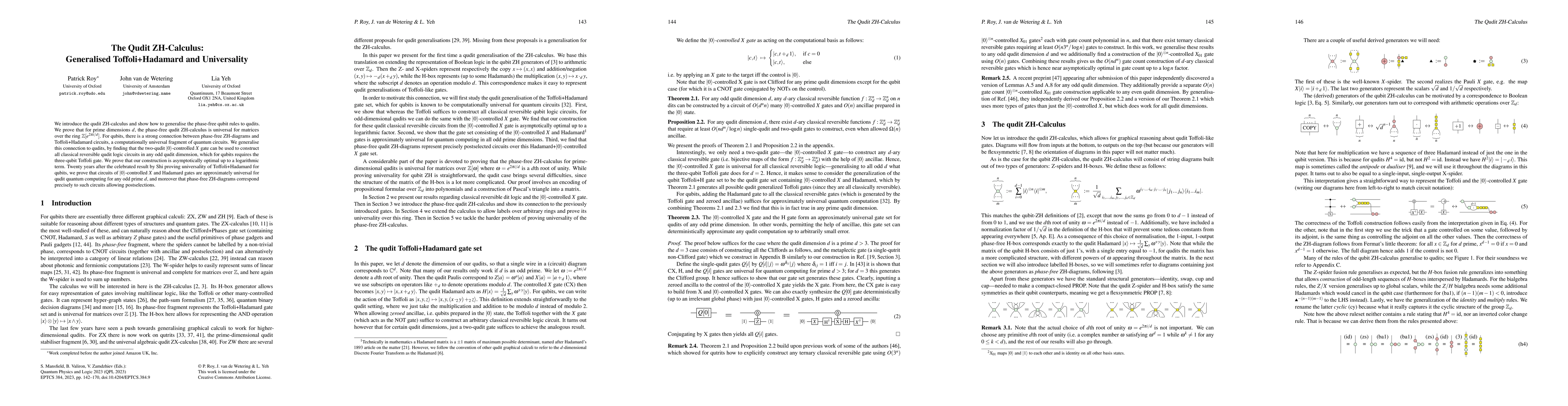 Thumbnail for The Qudit ZH-Calculus: Generalised Toffoli+Hadamard and Universality