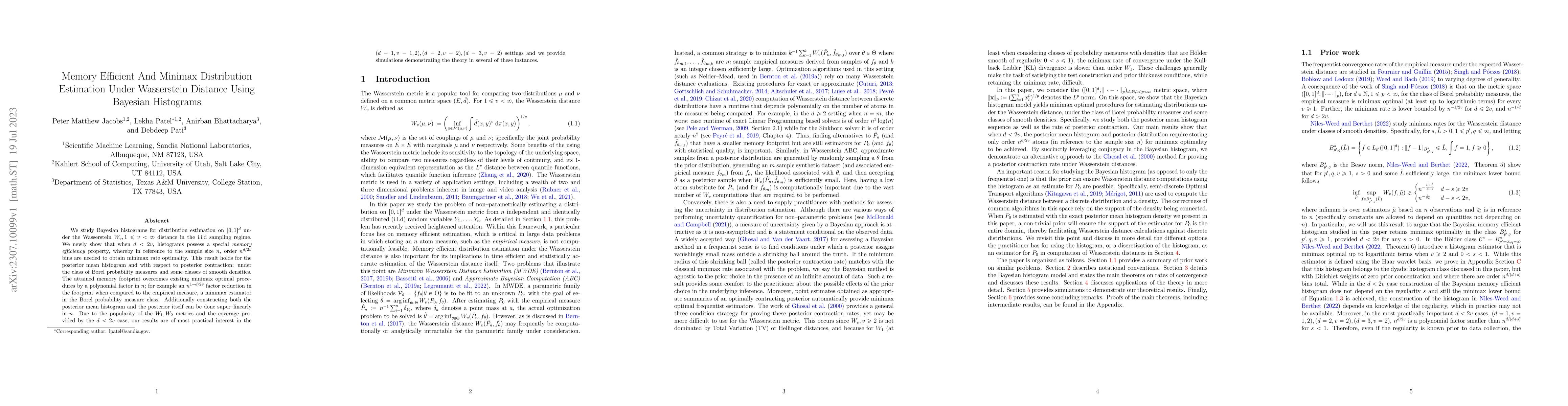 Thumbnail for Memory Efficient And Minimax Distribution Estimation Under Wasserstein
  Distance Using Bayesian Histograms