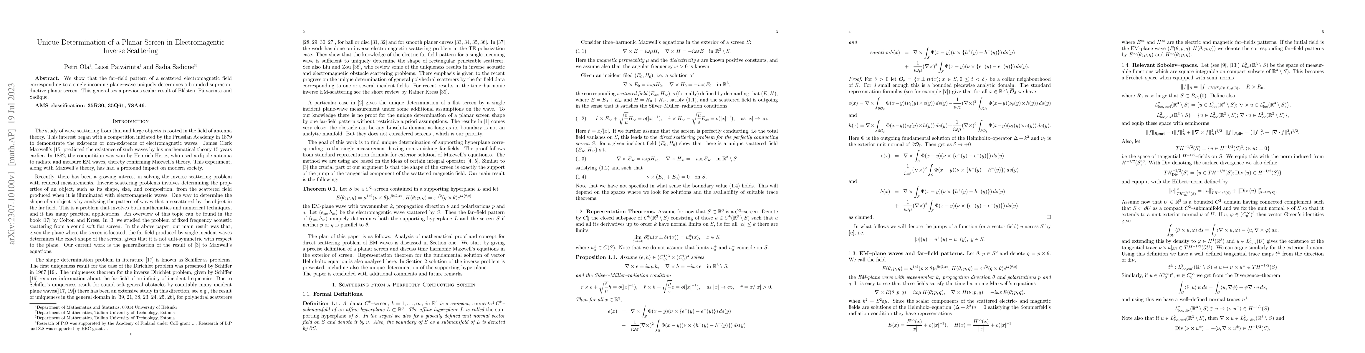 Thumbnail for Unique Determination of a Planar Screen in Electromagentic Inverse
  Scattering