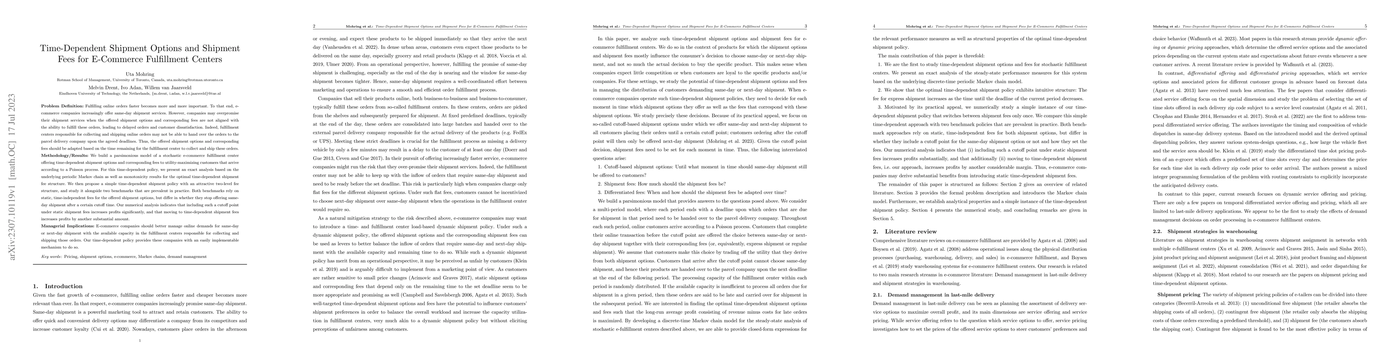 Thumbnail for Time-Dependent Shipment Options and Shipment Fees for E-Commerce
  Fulfillment Centers