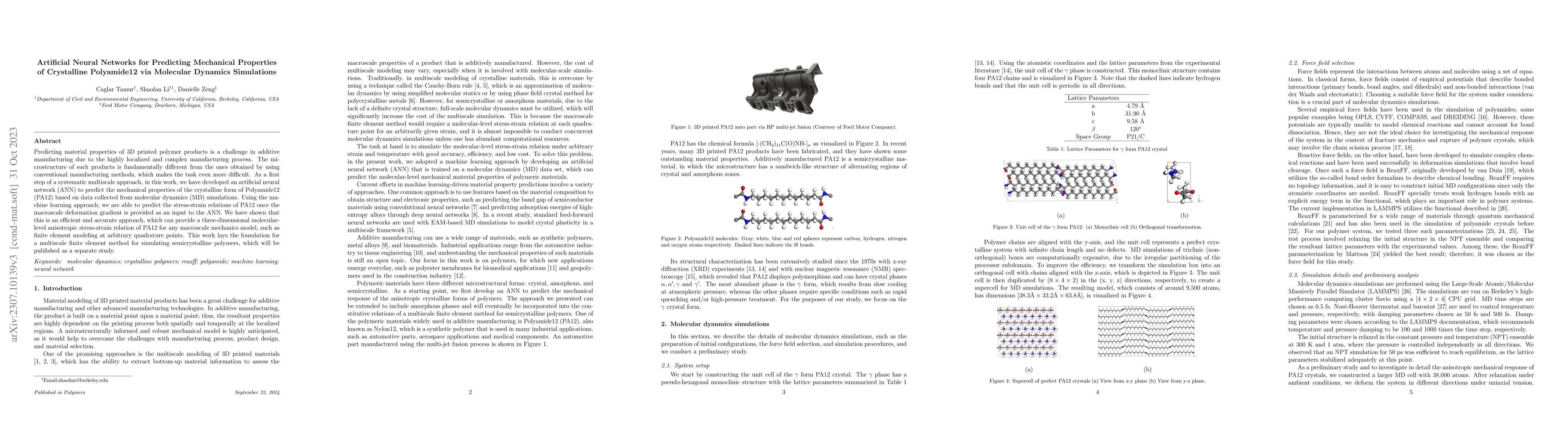 Thumbnail for Artificial Neural Networks for Predicting Mechanical Properties of
  Crystalline Polyamide12 via Molecular Dynamics Simulations