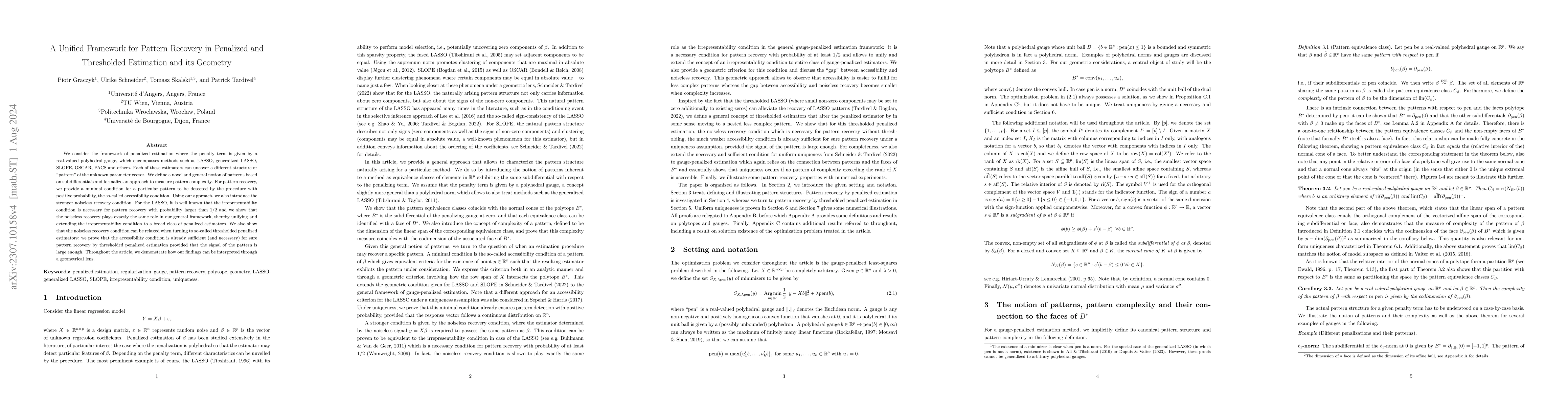 Thumbnail for A Unified Framework for Pattern Recovery in Penalized and Thresholded
  Estimation and its Geometry