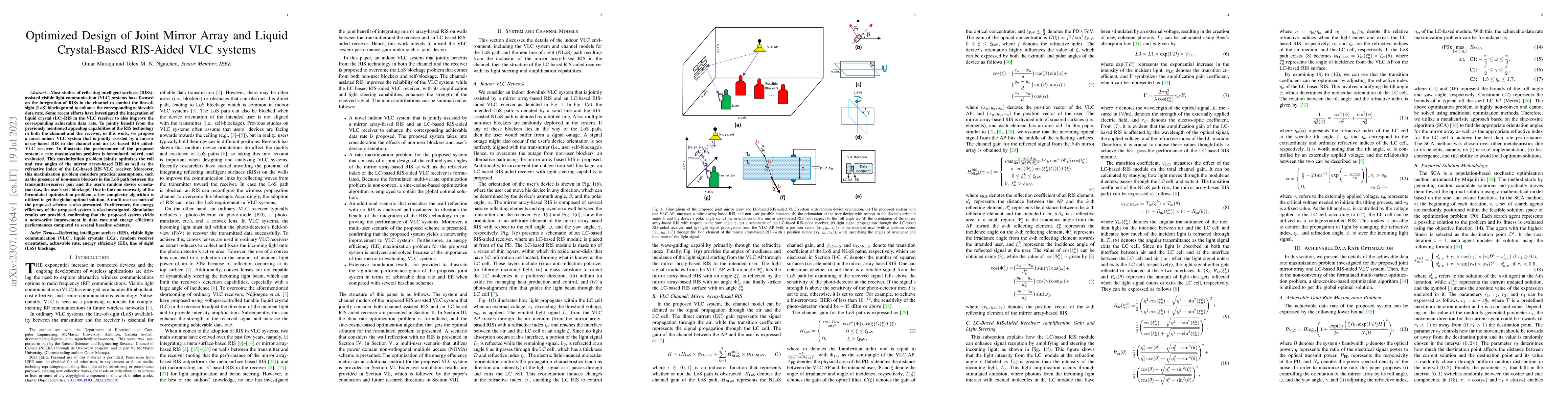 Thumbnail for Optimized Design of Joint Mirror Array and Liquid Crystal-Based
  RIS-Aided VLC systems