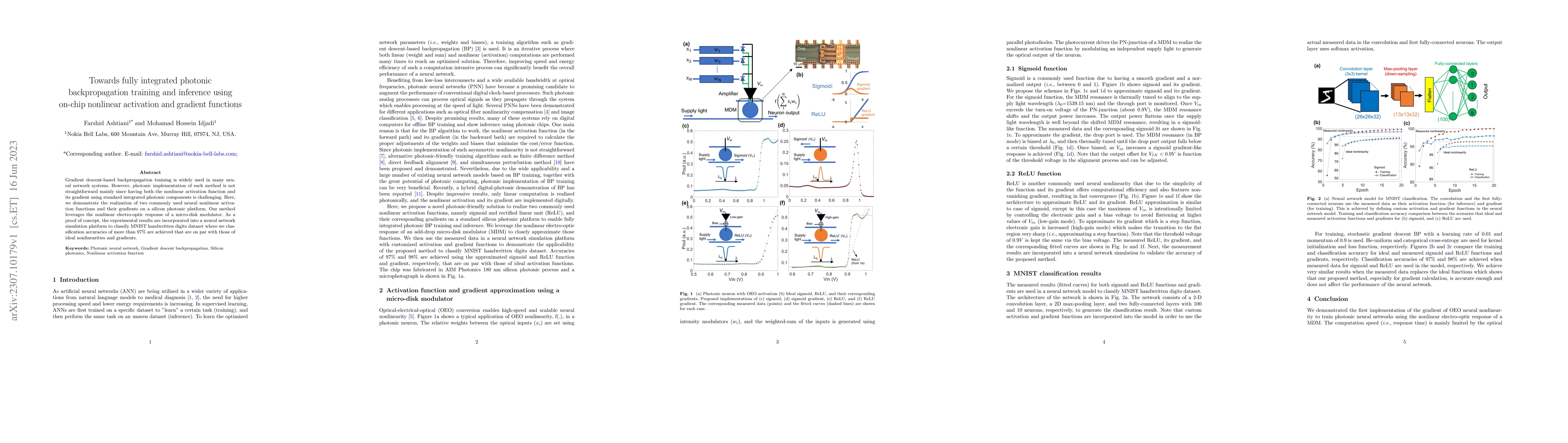 Thumbnail for Towards fully integrated photonic backpropagation training and inference
  using on-chip nonlinear activation and gradient functions