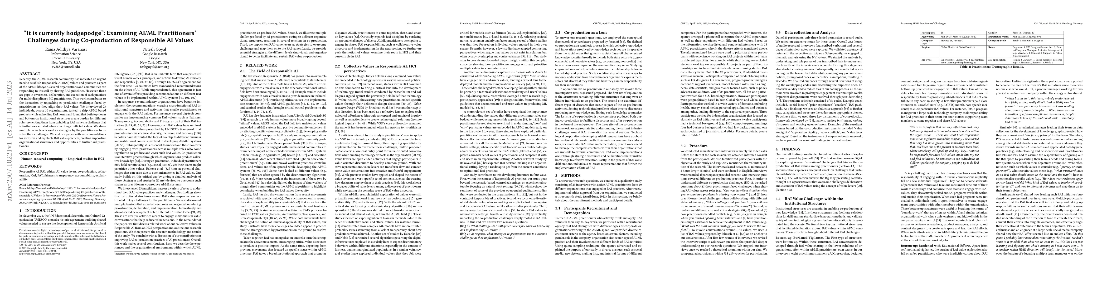 Thumbnail for `It is currently hodgepodge'': Examining AI/ML Practitioners' Challenges
  during Co-production of Responsible AI Values