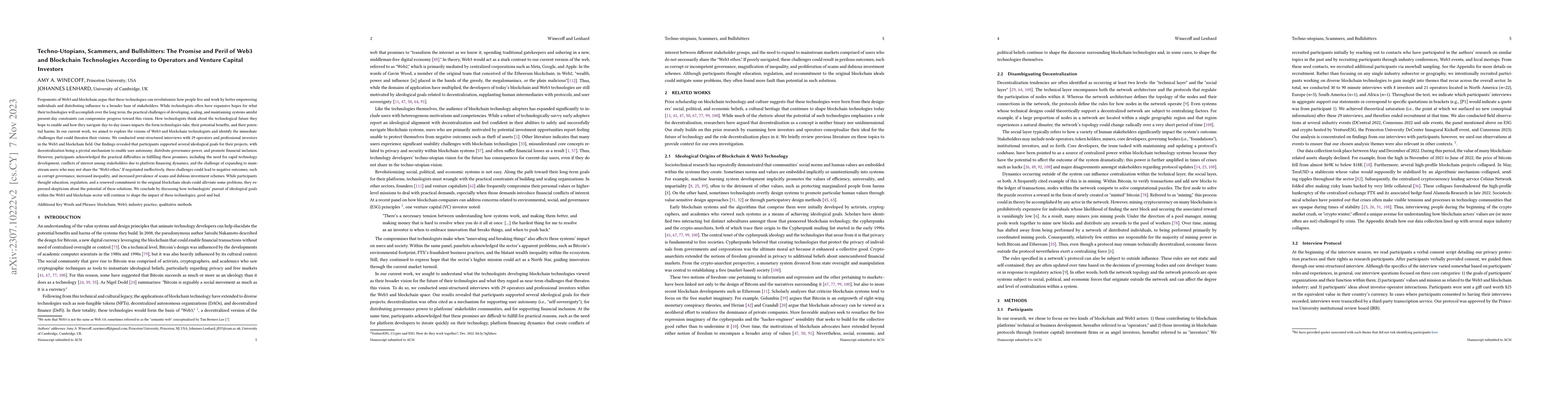 Thumbnail for Techno-Utopians, Scammers, and Bullshitters: The Promise and Peril of
  Web3 and Blockchain Technologies According to Operators and Venture Capital
  Investors