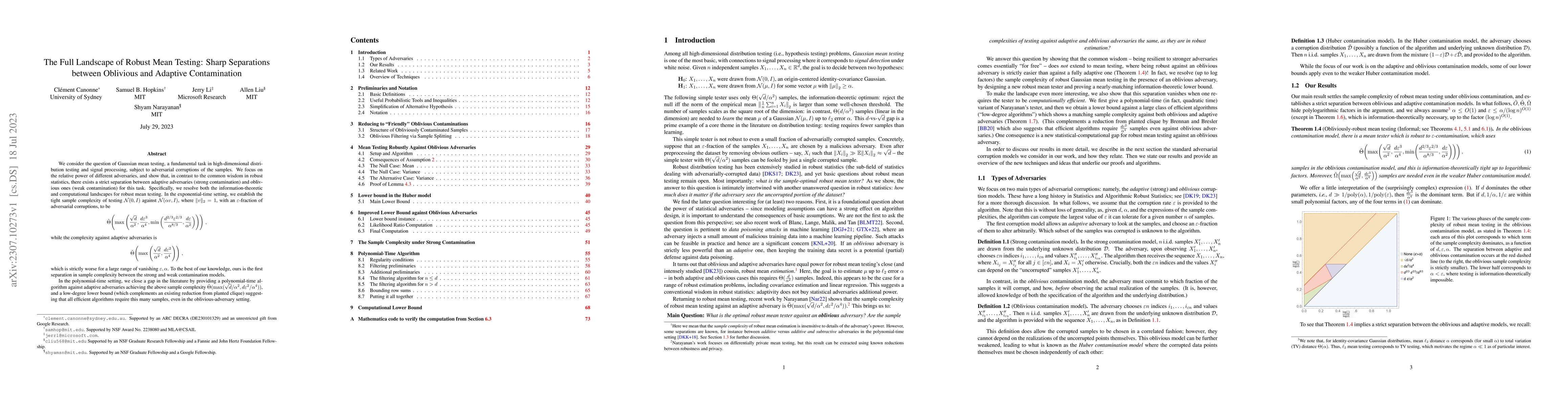 Thumbnail for The Full Landscape of Robust Mean Testing: Sharp Separations between
  Oblivious and Adaptive Contamination